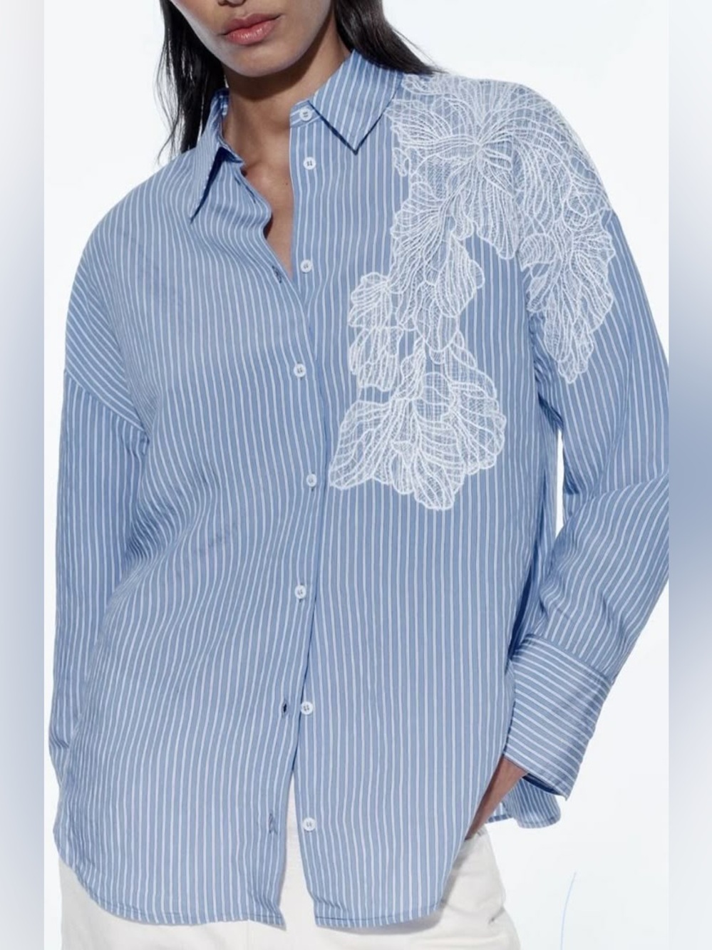New ZARA Embroidered Flower Striped Shirt